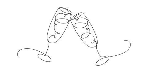Two glasses of champagne. Continuous line drawing.