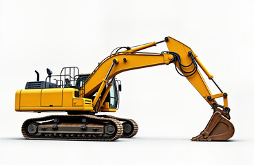 Powerful yellow crawler excavator isolated on white background. Construction machine with extended bucket. Heavy duty equipment for earthworks. Industrial design element. Excavator ready for work