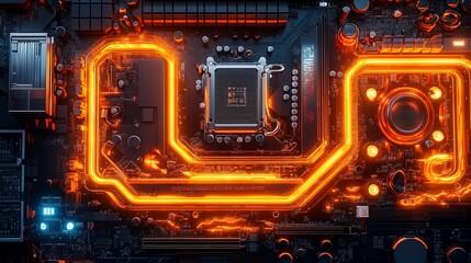 Close-up of illuminated computer motherboard with CPU.