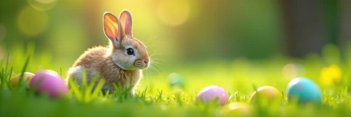 Fototapeta premium Fluffy bunny hidden, observing colorful eggs scattered on grass, treat, orange