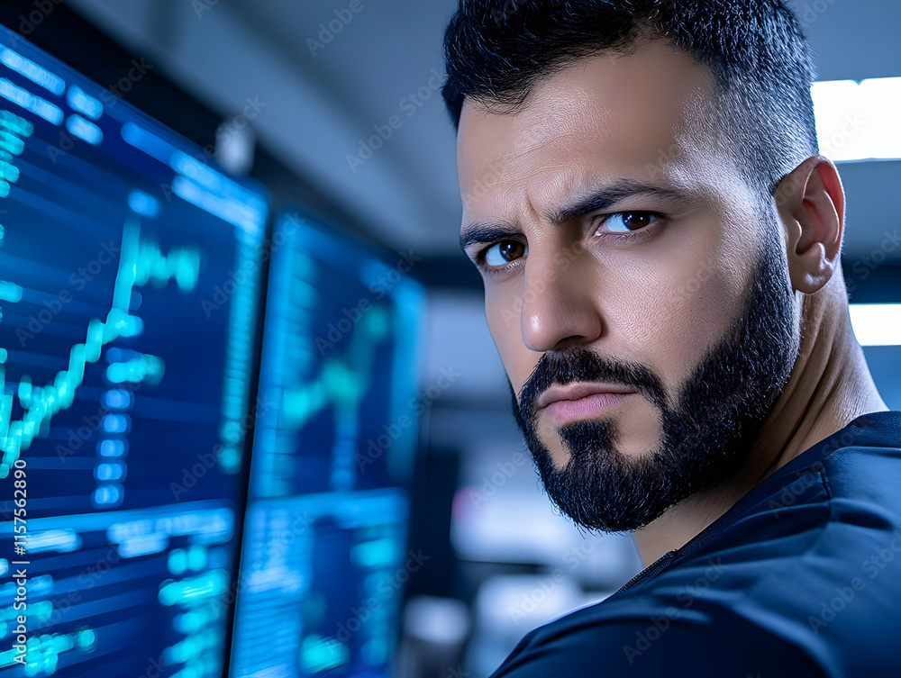 Aufkleber focused man looking over shoulder at financial data on computer screens.
