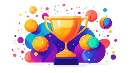Vibrant Illustration of a Golden Trophy Surrounded by Colorful Tennis Balls and Dynamic Shapes, Perfect for Sports, Achievement and Competition Themes