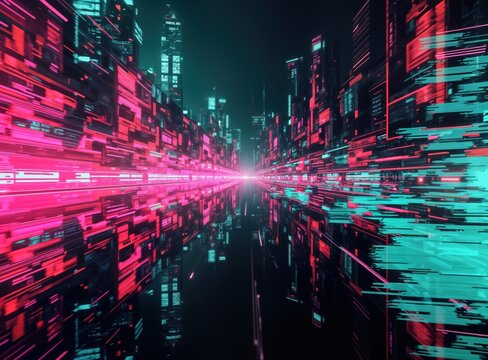 Abstract digital city with glitch art effects. Interlaced pink, mint green lines create futuristic cyber-space. Distorted shapes, blocks mimic data streams. Possible rave poster tech background. - Powered by Adobe