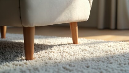 Closeup view of light beige sofa legs resting on textured cream colored rug. Sunlight casts soft shadows on rug. Home interior design with comfortable furniture. Modern style decor featuring sofa,