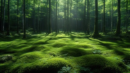 Fototapeta premium A serene forest scene with lush green moss and sunlight filtering through tall trees.