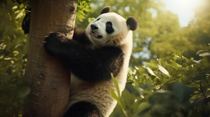 Obraz premium Panda Clinging to a Tree Trunk
