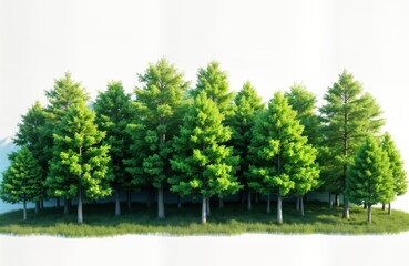 Green forest with many trees, shrubs. Isolated on white background. Healthy green foliage suggests summer spring. Ideal for nature, eco, landscaping projects. Variety of trees, shrubs. Cutout image.