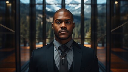 Fototapeta premium Confident Businessman in Glass Elevator Overlooking Mountains
