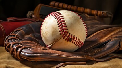 Weathered Baseball and Glove with Bat in Background
