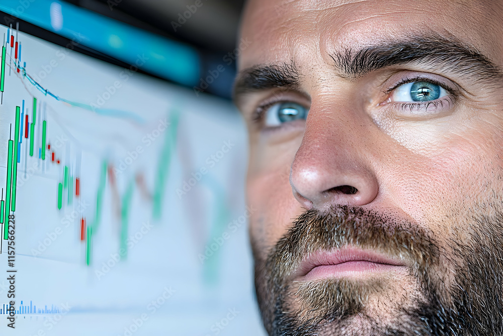 Poster close-up of a man's concerned face in front of a stock market chart on a computer screen.