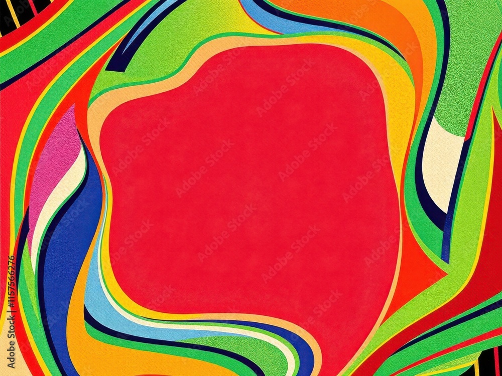 Poster vibrant abstract design with curvy lines and bold colors featuring red center space for custom text 