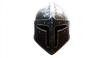 Obraz premium A historic and powerful knight helmet showcased in a dramatic lighting. This helmet symbolizes bravery and the heroic spirit. Discover its timeless allure. Generative AI