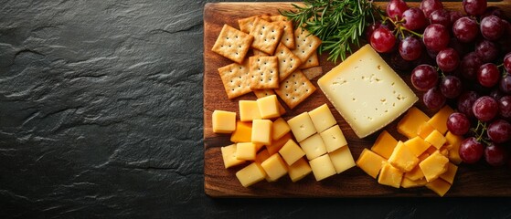 A beautifully arranged cheese platter featuring different cheese types, crunchy crackers, and fresh grapes, set on a dark stone surface