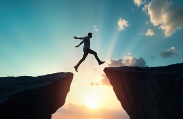 Man jumps between cliffs. Sunrise sky. Strong image for leadership concept. Businessman takes risk. Cloud, sky background. Dramatic scenery. Person in action. Leap of faith. Success concept. Change.