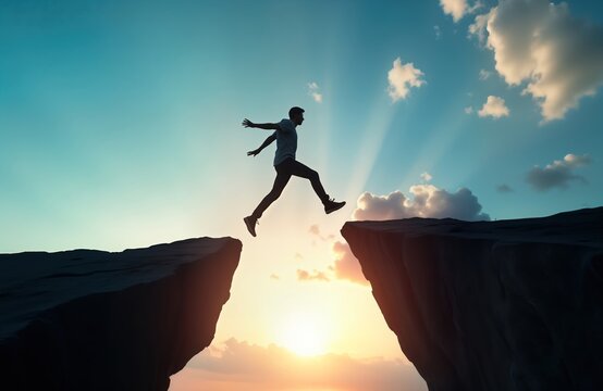 Man jumps between cliffs. Sunrise sky. Strong image for leadership concept. Businessman takes risk. Cloud, sky background. Dramatic scenery. Person in action. Leap of faith. Success concept. Change.