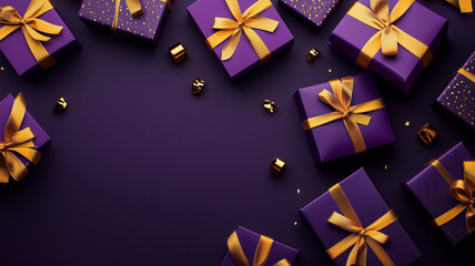 Photo of violet gift boxes with golden ribbon on a purple background