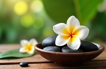 Fototapeta premium Plumeria flower sits on smooth dark stones in wooden bowl. Natural light shines on wooden table top. Relaxing spa wellness image. Healthy lifestyle concept. Body therapy. Thai spa treatment. Aroma