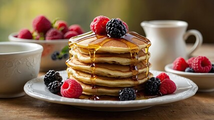 Stack of fluffy golden pancakes with berry topping on a small plates 