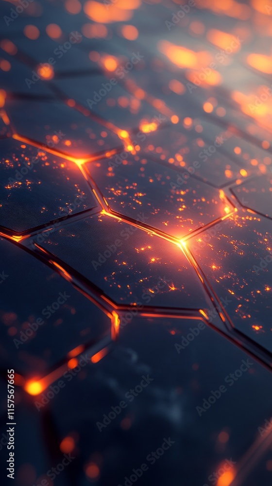 Poster glowing hexagonal shapes formed by hot lava create a captivating and vibrant view in a dark environm