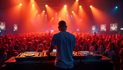 DJ mixes music at a vibrant music festival. Energetic crowd dances. Bright stage lighting. Electronic music. Tech equipment. Party atmosphere. Nighttime event. Large crowd.