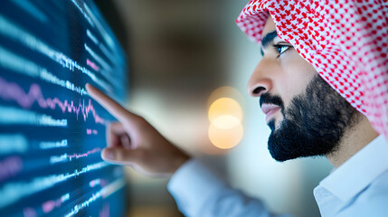 Arab businessman analyzing financial data on a large screen, pointing at stock market charts and graphs.
