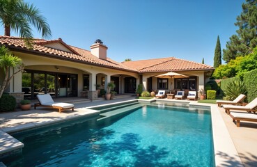 Fototapeta premium Luxury home exterior in Calabasas California. Stylish design with a beautiful pool and sun loungers. Elegant architecture. Opulent residence. Exterior view of a prestigious property.