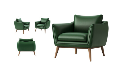 Modern Green Armchair with Sleek Lines and Versatile Upholstery in Multiple Views.