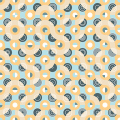 Colourful Truchet seamless vector pattern with random tiled wavy shapes and concentric circles. Modern geometric illustration for prints, wallpaper, home decor, fashion fabrics and stationery.