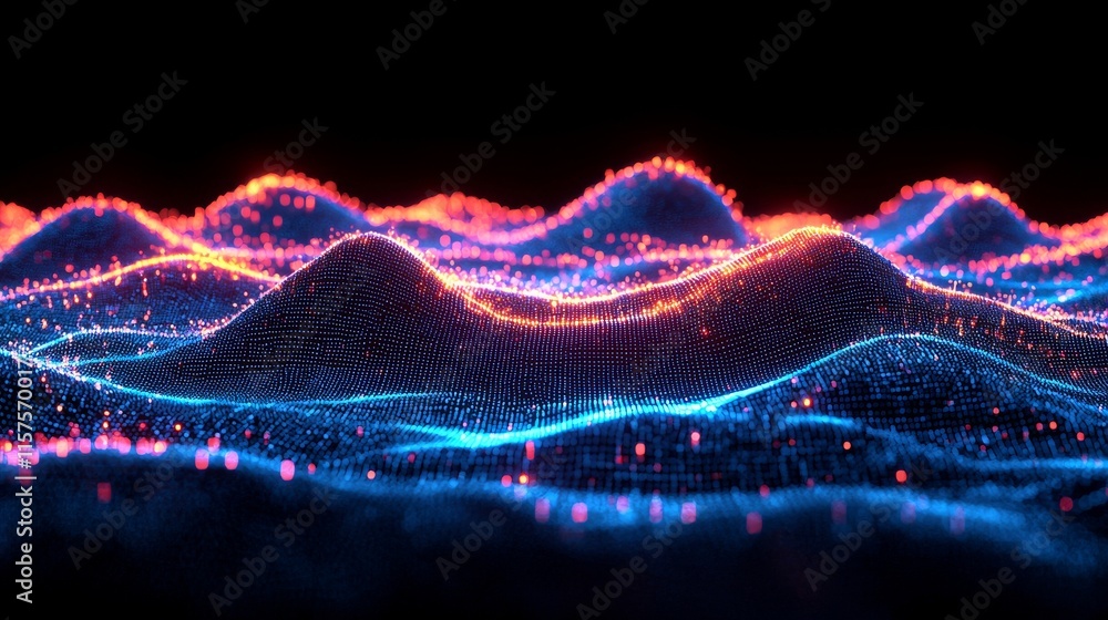 Poster an abstract 3d city hologram with a futuristic matrix, showcasing a digital skyline composed of a bi