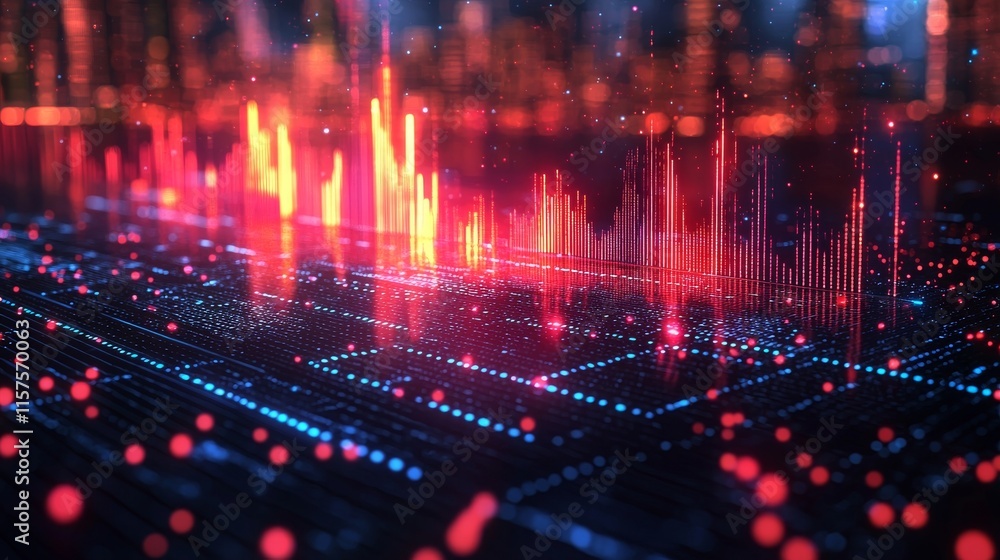 Poster abstract 3d rendering of a digital city, featuring futuristic buildings and a tech-themed background