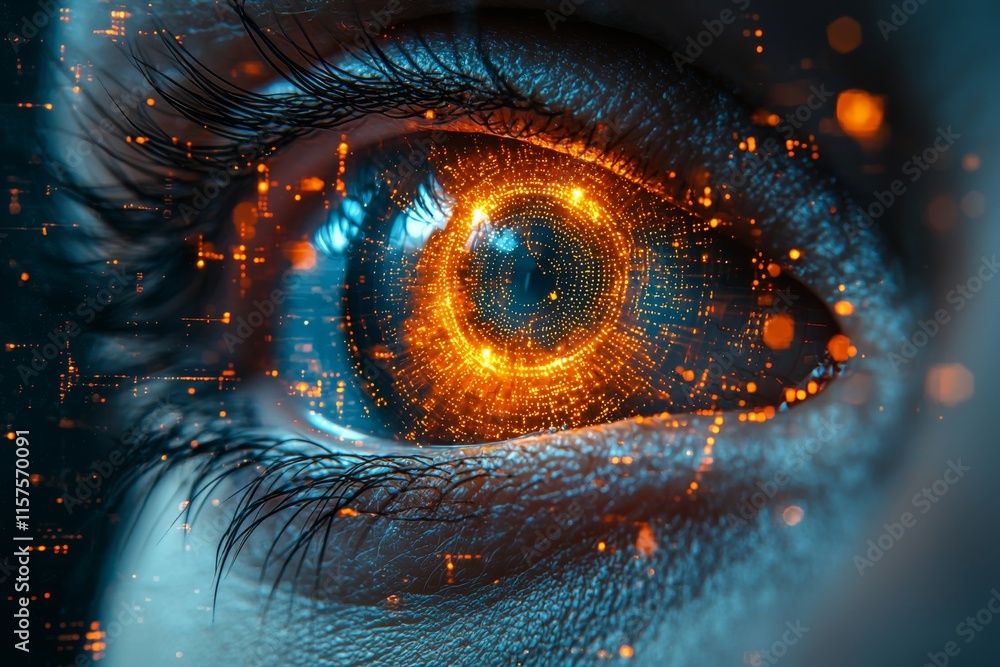 Poster a digitally created image of an eye examining a high-tech interface.