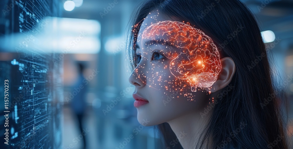 Poster a technological display featuring graphs and ai, showcasing stock in a business team's work, represe