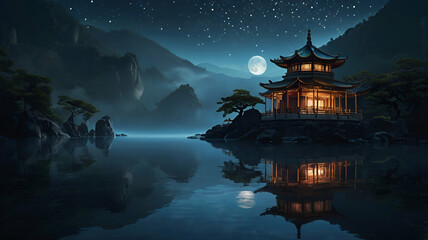 Obraz premium night landscape with castle and moon