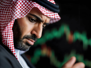 Serious Middle Eastern businessman in traditional attire reviewing financial data on a digital device.