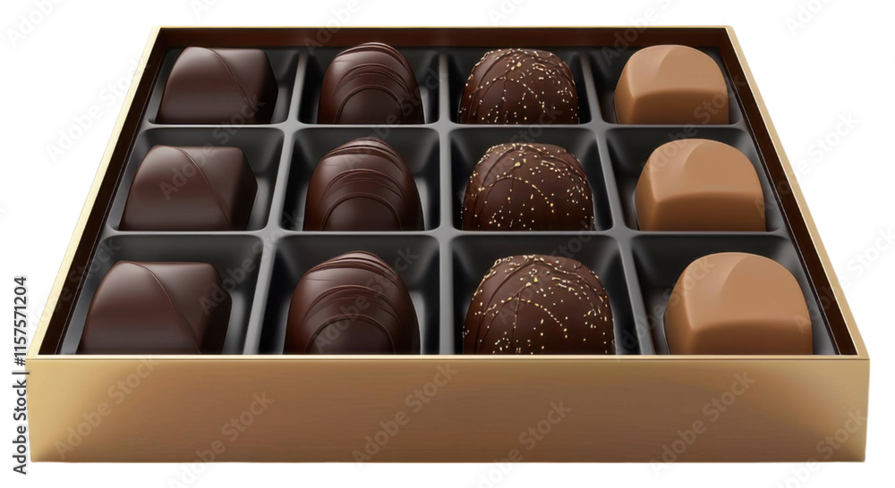 Poster png an elegant assortment of chocolates arranged neatly in a golden box, showcasing various shapes a