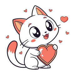 Cute cat holding red heart Vector illustration in cartoon style.
