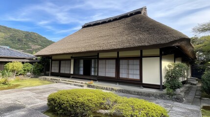 Fototapeta premium Traditional Japanese Thatched Roof House Surrounded by Nature
