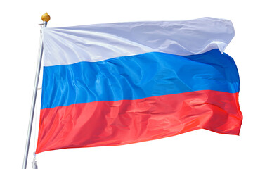 A view of the colorful, clipped, carved, flag of the Russian Federation bending under a gust of wind,on a flagpole, on a white background, isolated