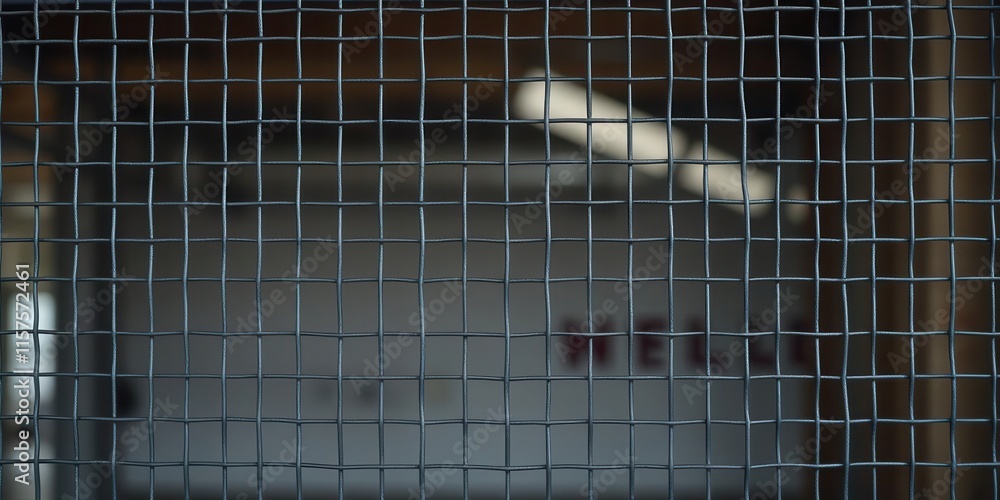 Poster close-up view of a metal wire mesh with blurred background, featuring patterns of lines and grids, p