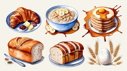 Delicious Breakfast Food Watercolor Illustration Croissant Oatmeal Pancakes Bread