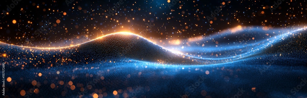 Poster a surge of particles. a dynamic wave against a blue backdrop. an abstract futuristic illustration of