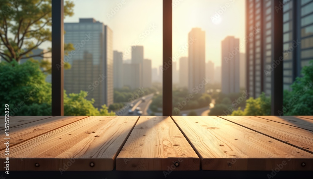 Poster empty wooden table tops. blurred view of city buildings through large windows. sunny morning light. 
