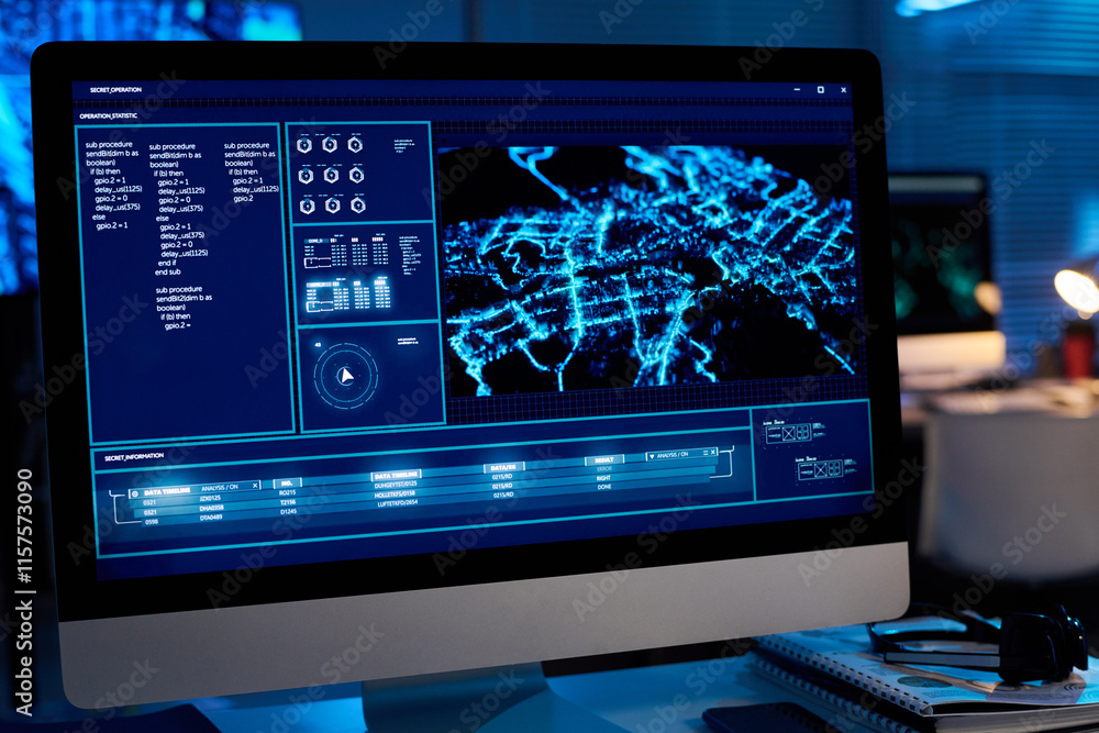Poster Desktop computer with army location data on screen standing on workplace in modern military command center
