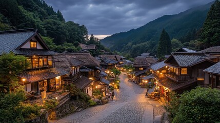 Serene Historic Village with Traditional Houses and Twilight Sky