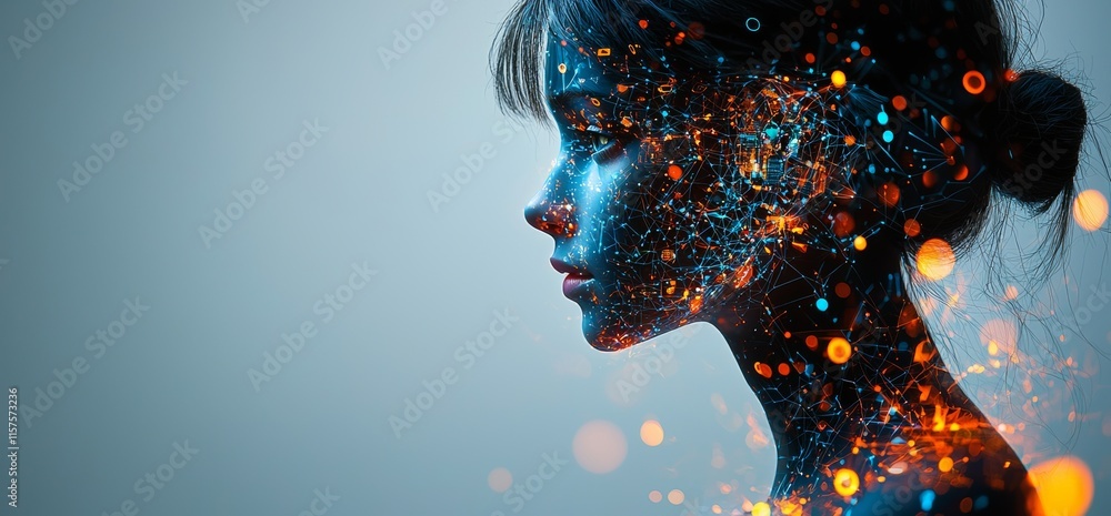 Poster a businesswoman and the concept of big data are depicted in a double exposure, showcasing a digital 