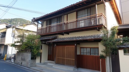Traditional Japanese House with Garden and Wooden Balcony View