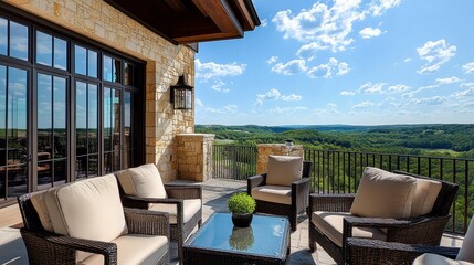 Fototapeta premium Modern Patio with Scenic View of Green Hills and Blue Sky