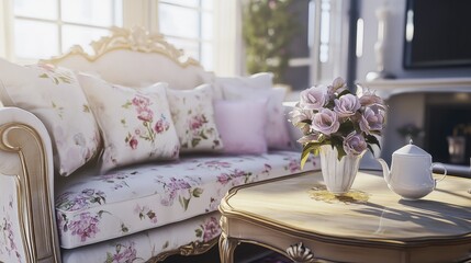 Elegant Floral Sofa with Decorative Cushions and Table Setting