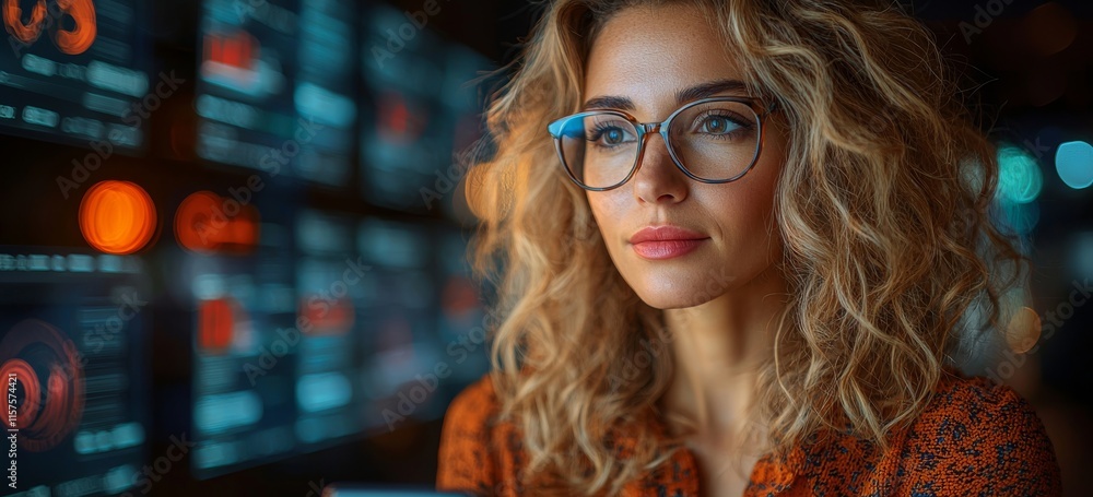 Poster a futuristic businesswoman using a smartphone, connected to cyber data and technology innovation, sh