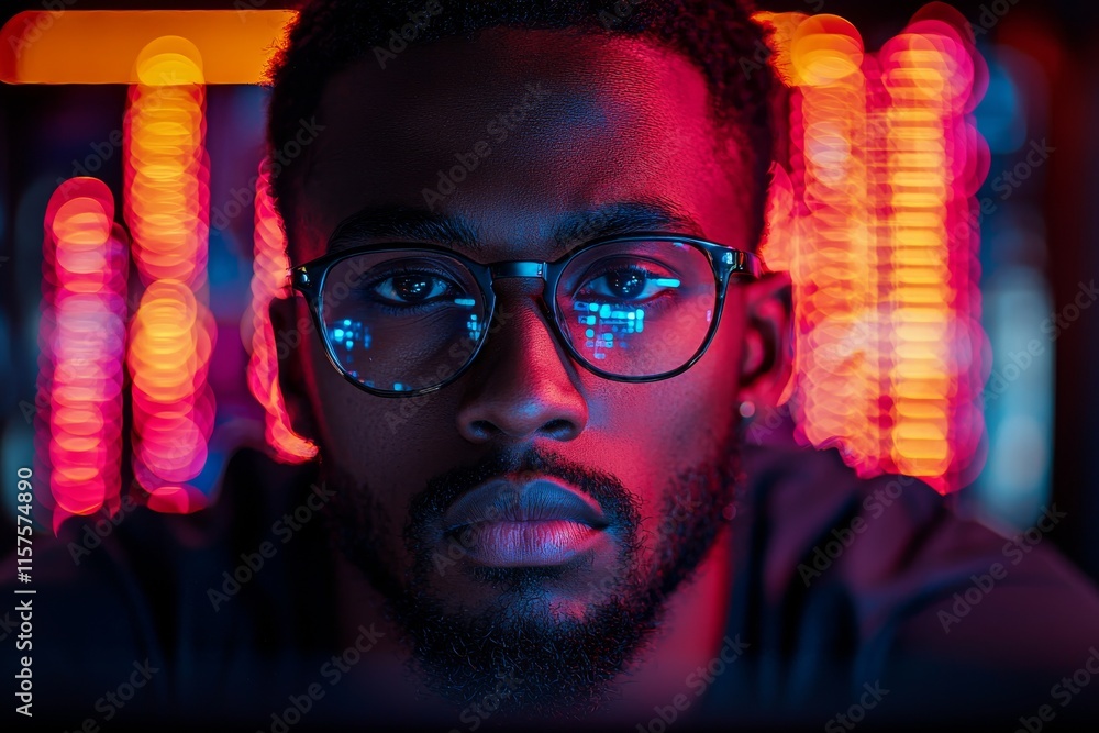 Aufkleber a software overlay showcases a futuristic black man using a computer for online finance, fintech, an